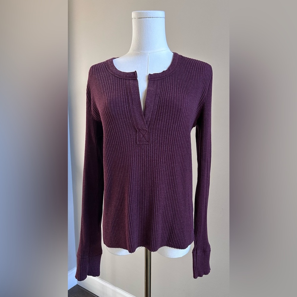 AERIE Ribbed Long Sleeve Tee Heathered Maroon